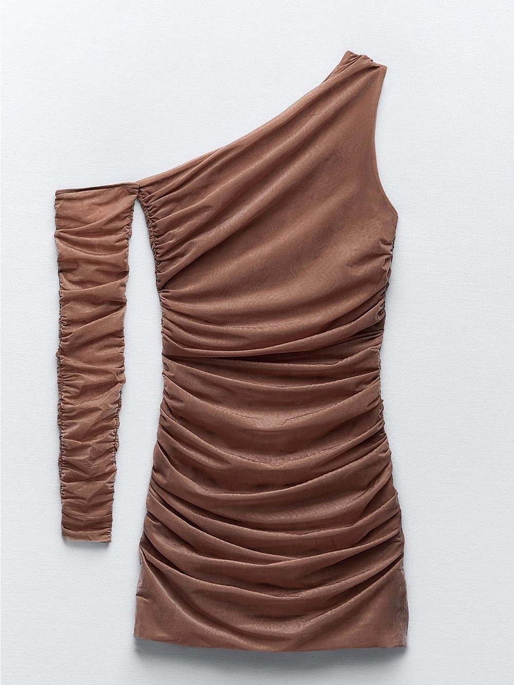 Zara One-Shoulder Ruched Mini Dress in Warm Chestnut